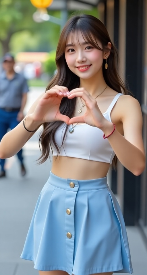 Generate a real-world photograph realistic photography 1girl solo long hair smile skirt brown hair black hair jewelry hear...