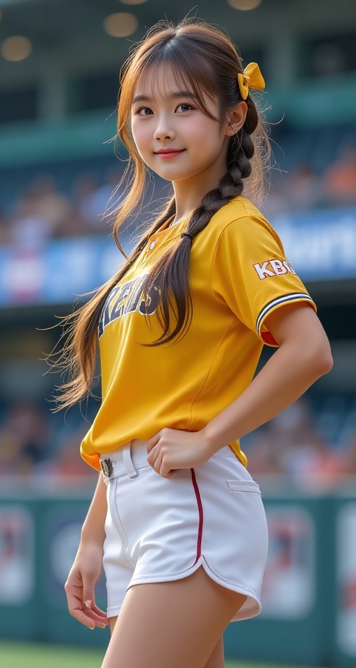 Generate a real-world photograph realistic photography 1girl solo long hair looking at viewer smile brown hair shirt bow s...