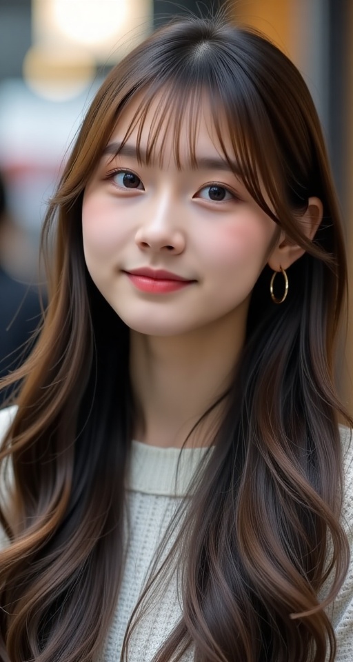 Generate a real-world photograph realistic photography 1girl solo long hair looking at viewer smile bangs brown hair black...