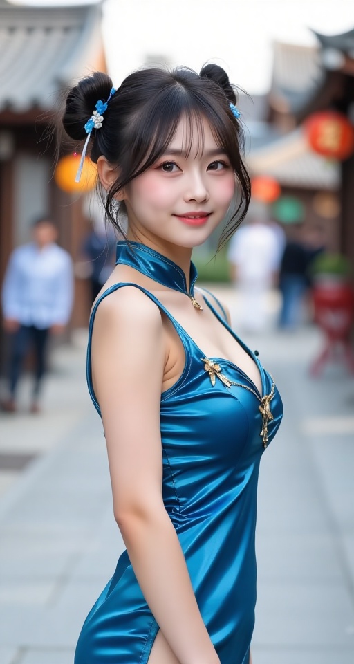 Generate a real-world photograph realistic photography 1girl solo breasts looking at viewer smile short hair black hair dr...