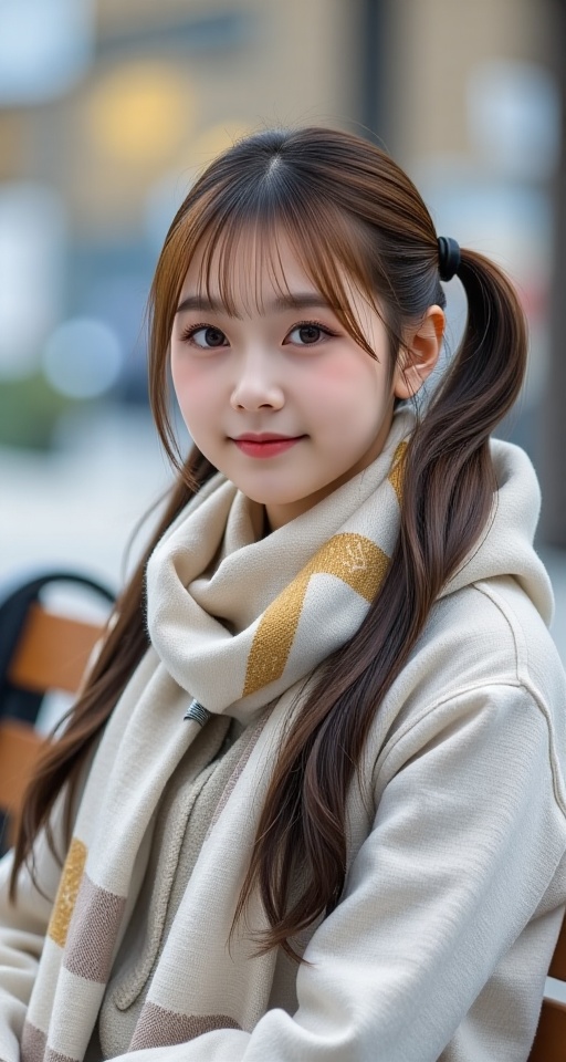 Generate a real-world photograph realistic photography 1girl solo long hair looking at viewer smile bangs brown hair twint...