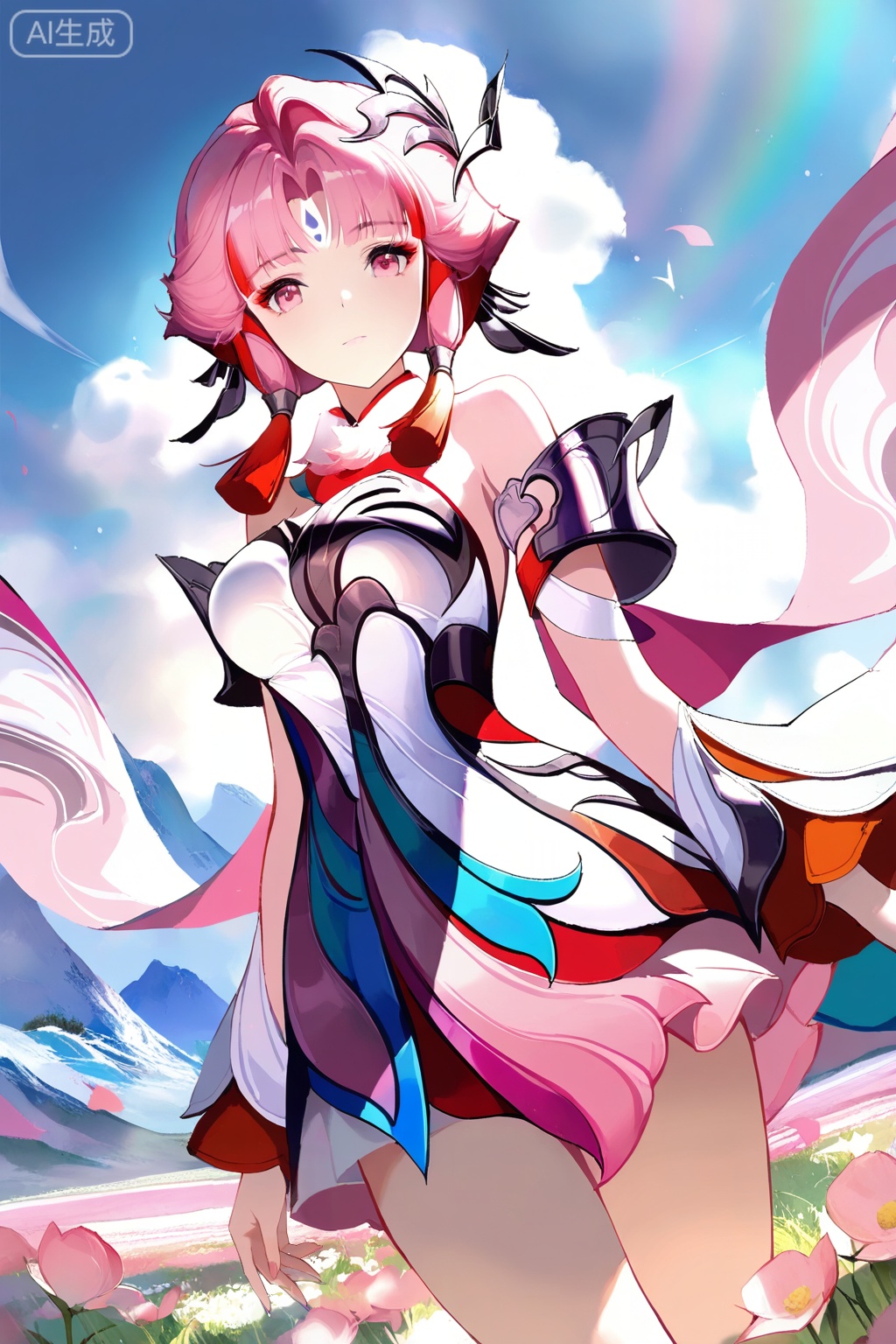 妲己,masterpiece,best quality,official art,extremely detailed CG unity 8k wallpaper,1girl, solo, breasts, looking at viewer, short hair, bangs,  dress, bare shoulders, closed mouth, pink hair, red hair, detached sleeves, pink eyes, white dress, parted bangs, facial mark, forehead mark,