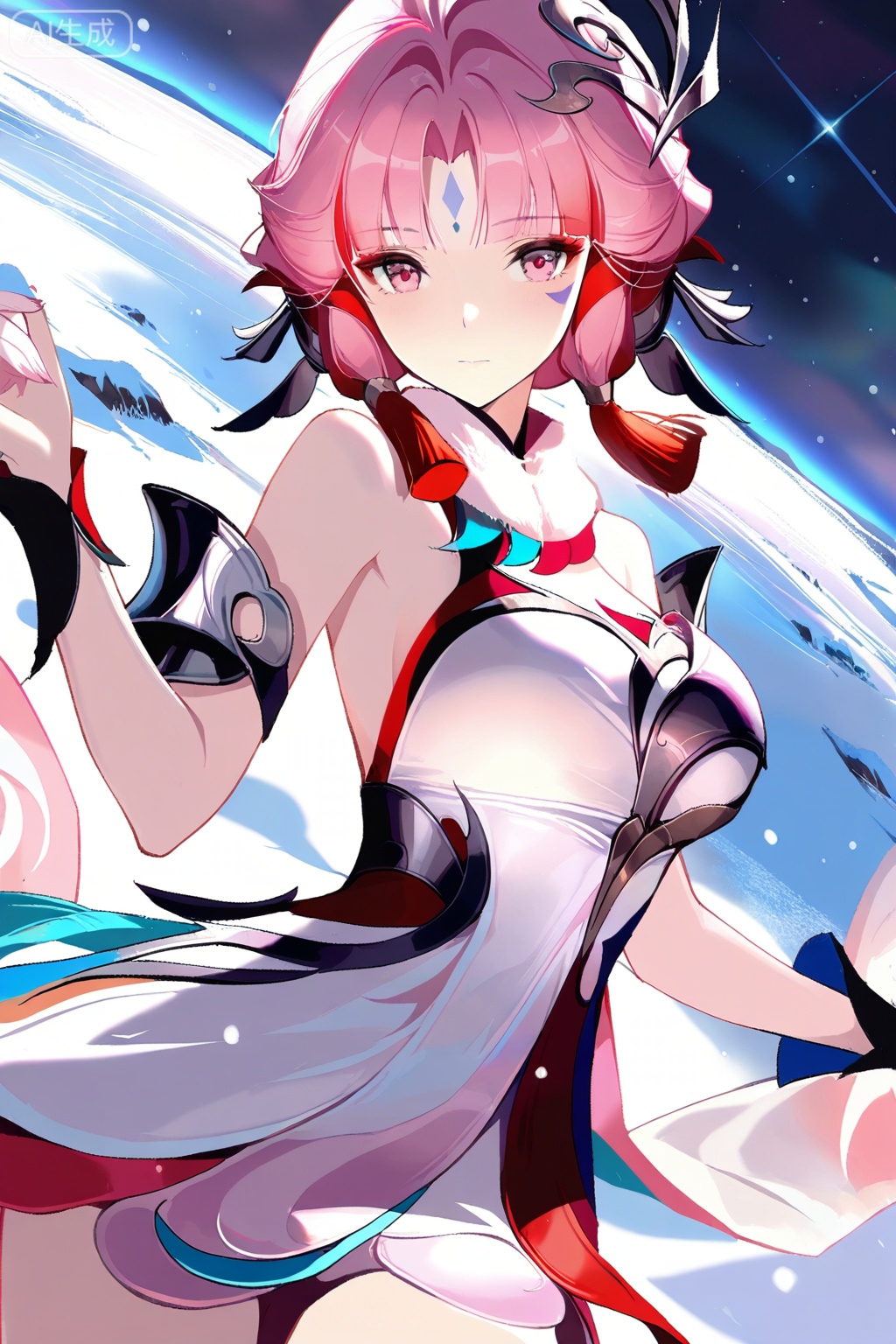 妲己,masterpiece,best quality,official art,extremely detailed CG unity 8k wallpaper,1girl, solo, breasts, looking at viewer, short hair, bangs,  dress, bare shoulders, closed mouth, pink hair, red hair, detached sleeves, pink eyes, white dress, parted bangs, facial mark, forehead mark,