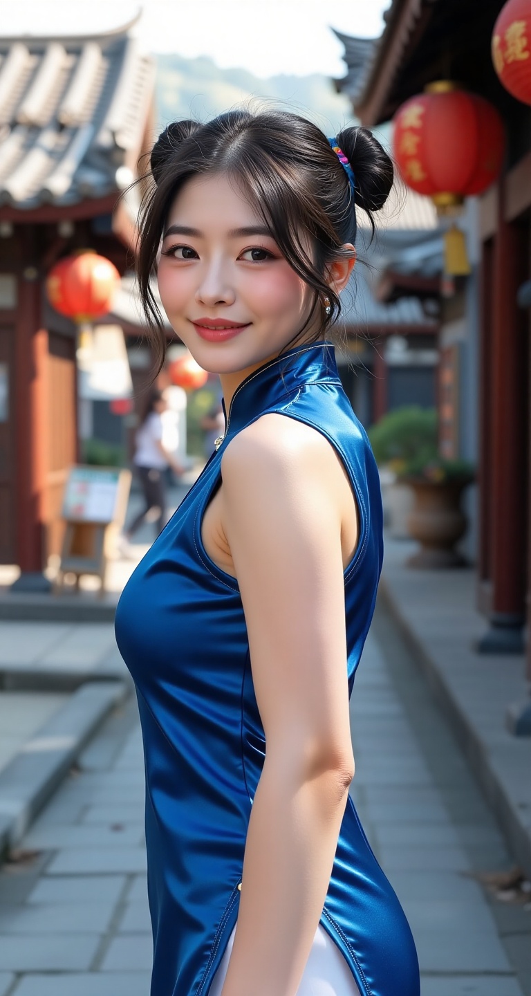 Generate a real-world photograph realistic photography 1girl solo looking at viewer smile short hair black hair dress slee...