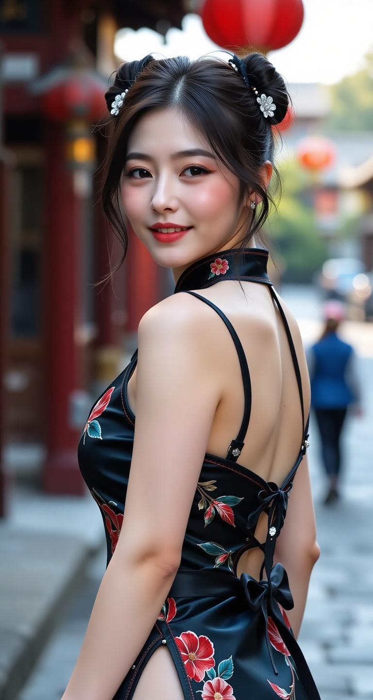 Generate a real-world photograph realistic photography 1girl solo looking at viewer smile short hair black hair dress ass...