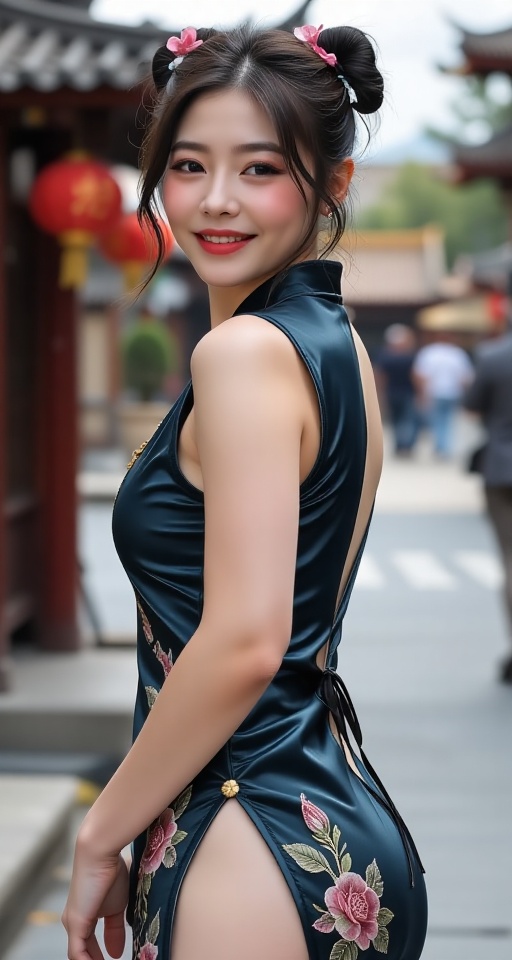 Generate a real-world photograph realistic photography 1girl solo looking at viewer smile short hair black hair dress ass...