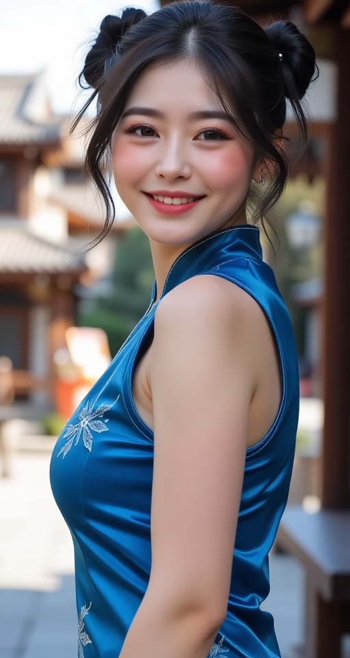 Generate a real-world photograph realistic photography 1girl solo looking at viewer smile short hair black hair dress slee...
