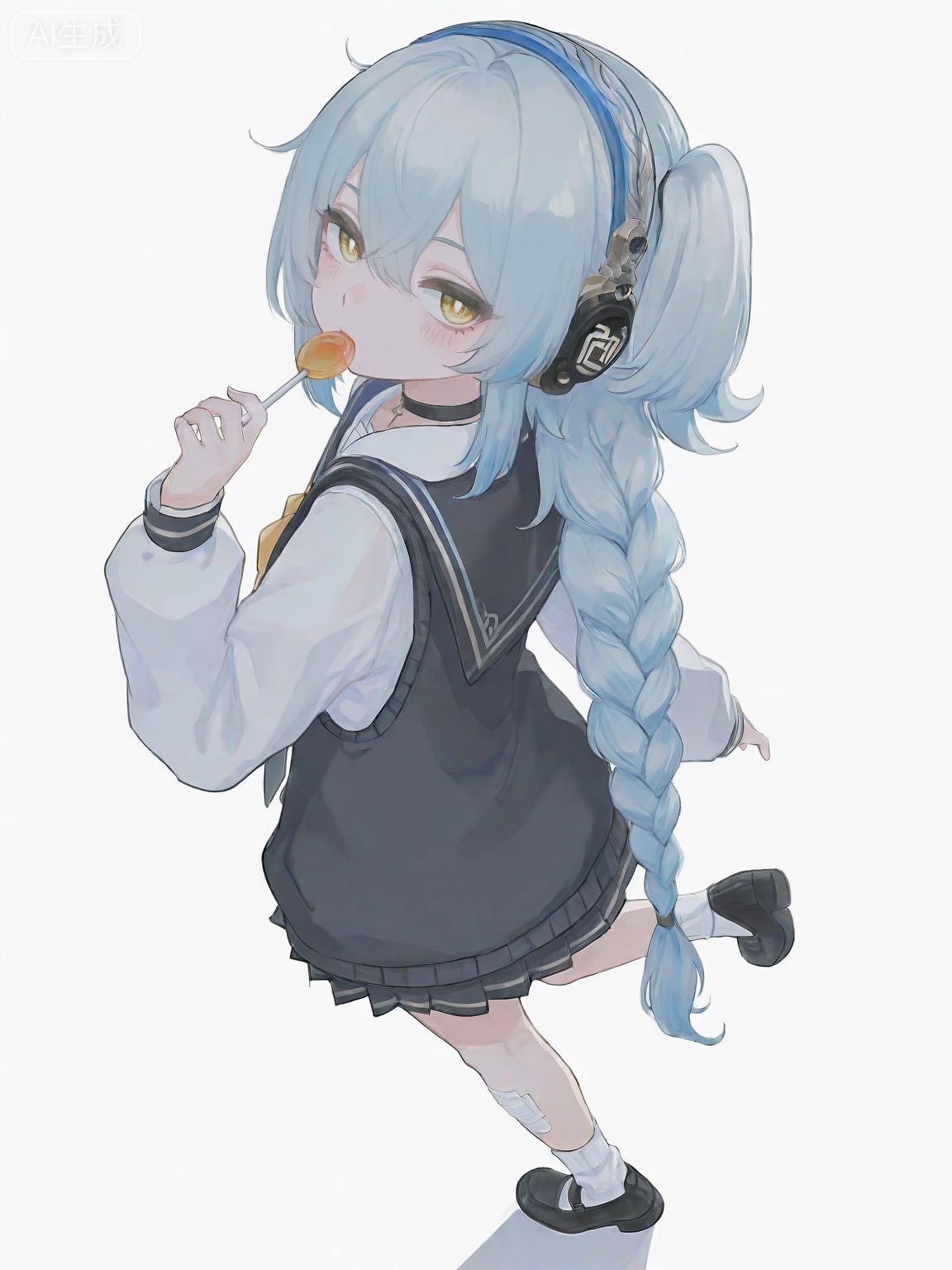 masterpiece,best quality,amazing quality,newest,absurdres,highres,very awa,buling,buling\(wuthering waves\),solo,1girl,full_body,loli,chibi,stickers,rim lighting,side lighting,very long braided_ponytail,one_side_up,metal_headphones,blue hair,emotionless,official_art,cute,standing on one leg,holding lollipop,golden eyes,talismans on leg, white ankle socks,blue maryjanes, school uniform,tsunderia,blushing,loli,simple_background,white background,hand up, point forward,:0,choker,looking back,