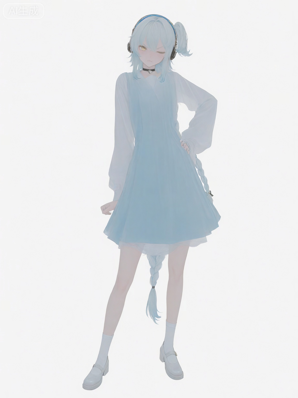 masterpiece,best quality,amazing quality,newest,absurdres,highres,very awa,professional,traditional media,buling,buling\(wuthering waves\),solo,1girl,full_body,primary view,loli,wide shot,rim lighting,side lighting,very long braided_ponytail,one_side_up,metal_headphones,blue hair,emotionless,official_art,cute,standing,golden eyes,blue_maryjanes, blue sundress, white ankle socks,  talismans_hairtie,tsunderia,blushing,loli,simple_background,white background,hand on hips, :<,angry,idol,yuukkan,wink,choker,looking_at_viewer, from side,