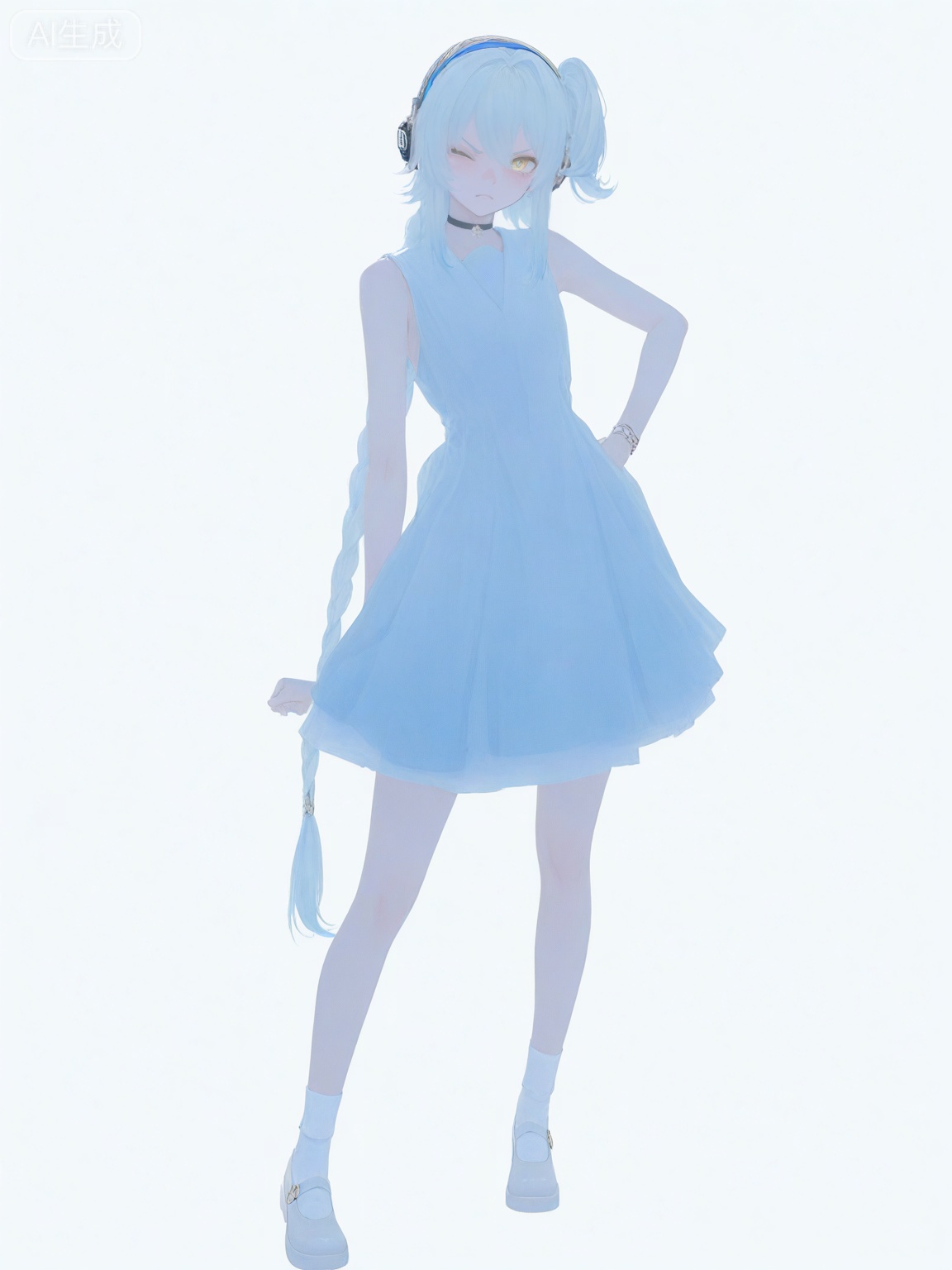 masterpiece,best quality,amazing quality,newest,absurdres,highres,very awa,professional,traditional media,buling,buling\(wuthering waves\),solo,1girl,full_body,primary view,loli,wide shot,rim lighting,side lighting,very long braided_ponytail,one_side_up,metal_headphones,blue hair,emotionless,official_art,cute,standing,golden eyes,blue_maryjanes, blue sundress, white ankle socks,  talismans_hairtie,tsunderia,blushing,loli,simple_background,white background,hand on hips, :<,angry,idol,yuukkan,wink,choker,looking_at_viewer, from side,