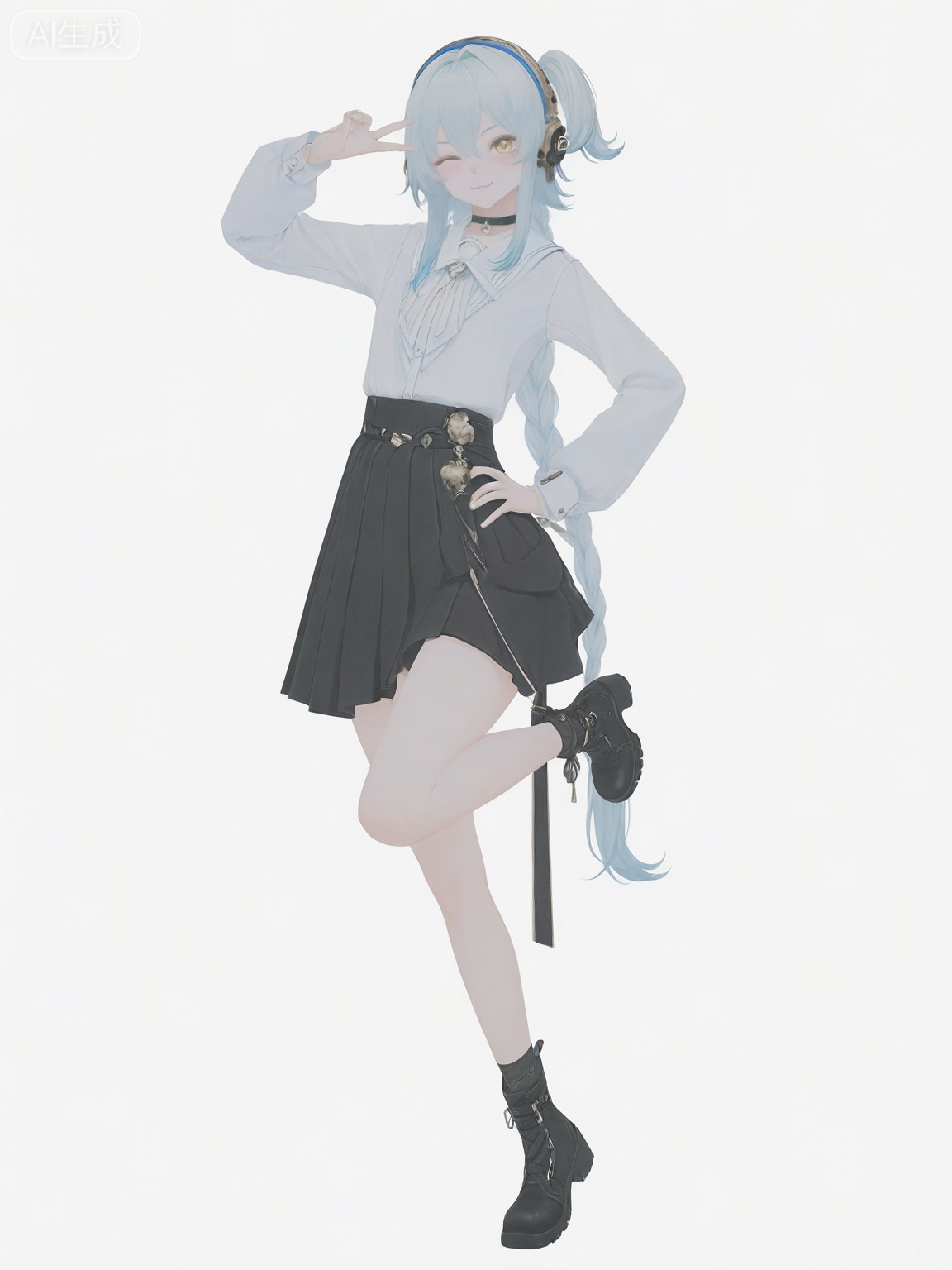 masterpiece,best quality,amazing quality,newest,absurdres,highres,very awa,professional,traditional media,buling,buling\(wuthering waves\),solo,1girl,full_body,primary view,loli,wide shot,rim lighting,side lighting,very long braided_ponytail,one_side_up,metal_headphones,blue hair,emotionless,official_art,cute,standing on one leg,golden eyes, white collared shirt, black skirt, black ankle boots, black_talismans_on_leg,talismans_hairtie,tsunderia,blushing,loli,simple_background,white background,hand on hips, :t,idol,yuukkan,wink,choker,v,looking_at_viewer,