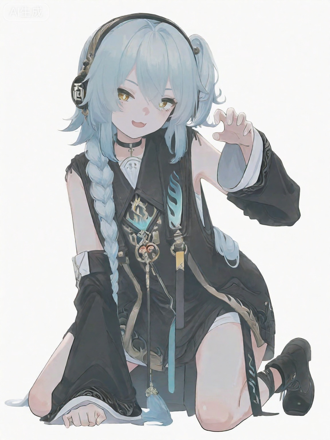 masterpiece,best quality,amazing quality,newest,absurdres,highres,very awa,buling,buling\(wuthering waves\),solo,1girl,full_body,loli,chibi,stickers,rim lighting,side lighting,very long braided_ponytail,one_side_up,metal_headphones,blue hair,emotionless,official_art,cute,kneeling,paw_pose,golden eyes,talismans on leg, black ankle boots, detached sleeves, balck chinese jacket, white chinese dress,talismans_hairtie,tsunderia,blushing,loli,simple_background,white background,hand up, point forward,:3,choker,