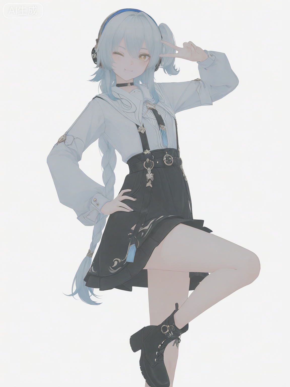 masterpiece,best quality,amazing quality,newest,absurdres,highres,very awa,professional,traditional media,buling,buling\(wuthering waves\),solo,1girl,full_body,primary view,loli,wide shot,rim lighting,side lighting,very long braided_ponytail,one_side_up,metal_headphones,blue hair,emotionless,official_art,cute,standing on one leg,golden eyes, white collared shirt, black skirt, black ankle boots, black_talismans_on_leg,talismans_hairtie,tsunderia,blushing,loli,simple_background,white background,hand on hips, :t,idol,yuukkan,wink,choker,v,looking_at_viewer,