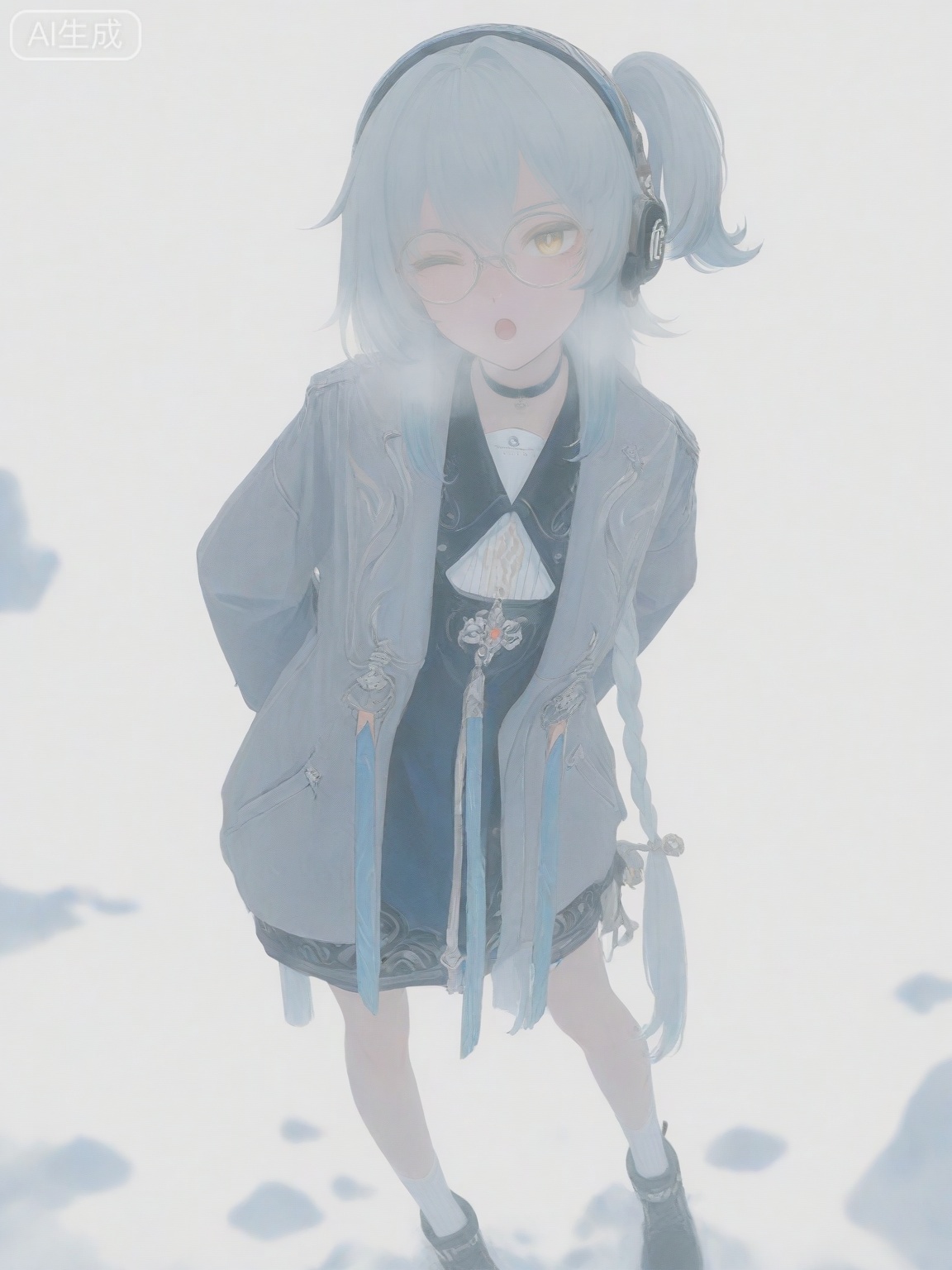 masterpiece,best quality,amazing quality,newest,absurdres,highres,very awa,professional,traditional media,buling,buling\(wuthering waves\),solo,1girl,full_body,primary view,loli,wide shot,rim lighting,side lighting,very long braided_ponytail,one_side_up,metal_headphones,blue hair,emotionless,official_art,cute,standing,metal round glasses,golden eyes,long grey coat,black and white maid dress, blue sundress, white ankle socks,  talismans_hairtie,tsunderia,blushing,loli,simple_background,white background,hands behind back, :o,blurred,idol,yuukkan,wink,choker,looking_at_viewer,winter,two eyes open,