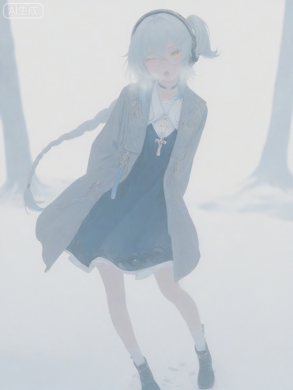 masterpiece,best quality,amazing quality,newest,absurdres,highres,very awa,professional,traditional media,buling,buling\(wuthering waves\),solo,1girl,full_body,primary view,loli,wide shot,rim lighting,side lighting,very long braided_ponytail,one_side_up,metal_headphones,blue hair,emotionless,official_art,cute,standing,metal round glasses,golden eyes,long grey coat,black and white maid dress, blue sundress, white ankle socks,  talismans_hairtie,tsunderia,blushing,loli,simple_background,white background,hands behind back, :o,blurred,idol,yuukkan,wink,choker,looking_at_viewer,winter,two eyes open,