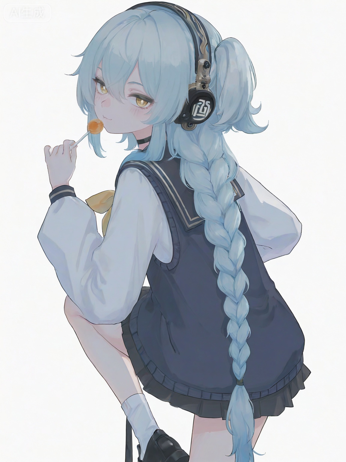 masterpiece,best quality,amazing quality,newest,absurdres,highres,very awa,buling,buling\(wuthering waves\),solo,1girl,full_body,loli,chibi,stickers,rim lighting,side lighting,very long braided_ponytail,one_side_up,metal_headphones,blue hair,emotionless,official_art,cute,standing on one leg,holding lollipop,golden eyes,talismans on leg, white ankle socks,blue maryjanes, school uniform,tsunderia,blushing,loli,simple_background,white background,hand up, point forward,:0,choker,looking back,