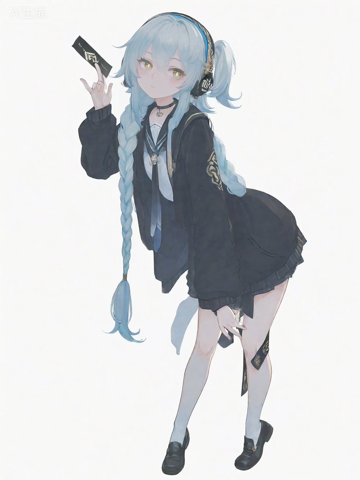 masterpiece,best quality,amazing quality,newest,absurdres,highres,very awa,buling,buling\(wuthering waves\),solo,1girl,full_body,loli,chibi,stickers,rim lighting,side lighting,very long braided_ponytail,one_side_up,metal_headphones,blue hair,emotionless,official_art,cute,standing on one leg,holding black talismans,golden eyes,talismans on leg, blue maryjanes, school uniform,tsunderia,blushing,loli,simple_background,white background,hand up, point forward,:0,choker,looking back,