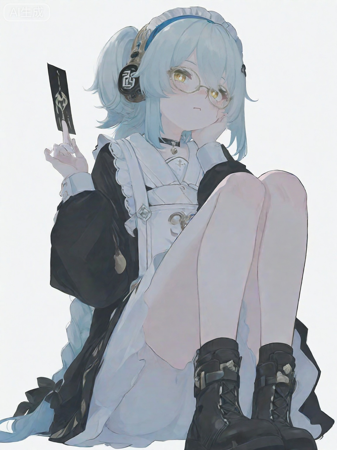 masterpiece,best quality,amazing quality,newest,absurdres,highres,very awa,buling,buling\(wuthering waves\),solo,1girl,full_body,loli,chibi,stickers,rim lighting,side lighting,very long braided_ponytail,one_side_up,metal_headphones,blue hair,emotionless,official_art,cute,sitting,holding black talismans,golden eyes,metal round glasses,talismans on leg, black ankle boots, maid dress,ribbon,tsunderia,blushing,loli,simple_background,white background,hand up, point forward,:<,choker,