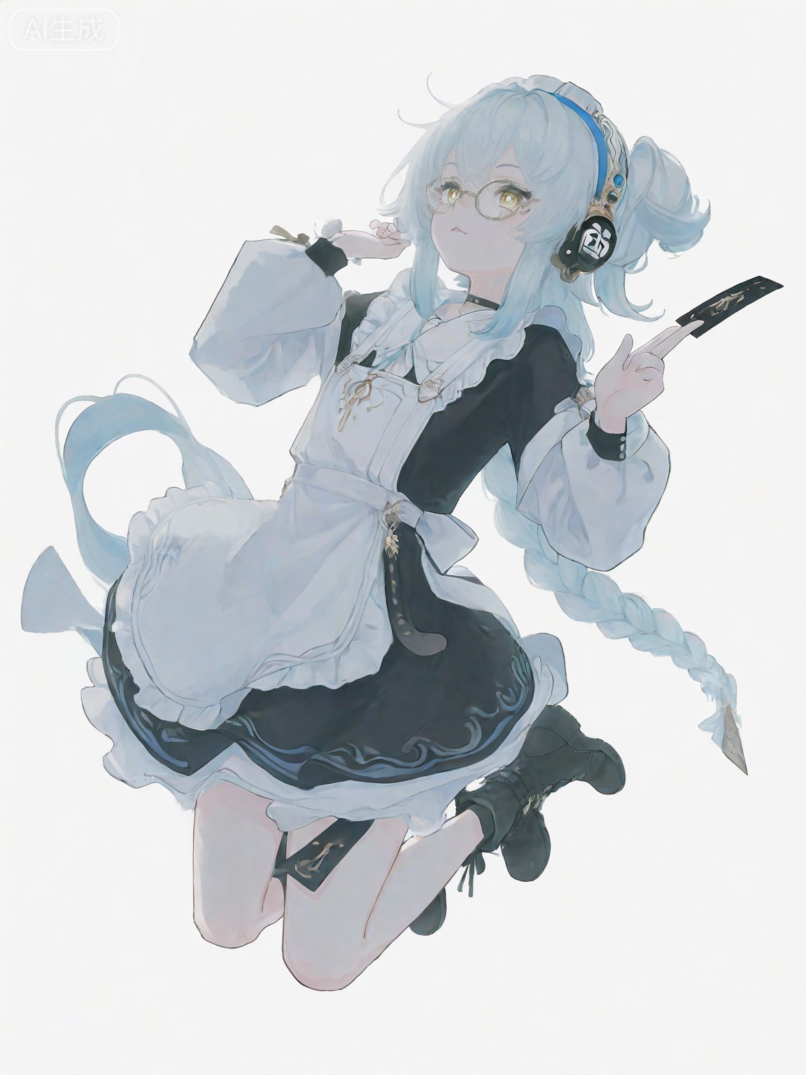 masterpiece,best quality,amazing quality,newest,absurdres,highres,very awa,buling,buling\(wuthering waves\),solo,1girl,full_body,loli,chibi,stickers,rim lighting,side lighting,very long braided_ponytail,one_side_up,metal_headphones,blue hair,emotionless,official_art,cute,jumping,holding black talismans,golden eyes,metal round glasses,talismans on leg, black ankle boots, blue and white,maid dress,tsunderia,blushing,loli,simple_background,white background,hand up, point forward,:<,choker,