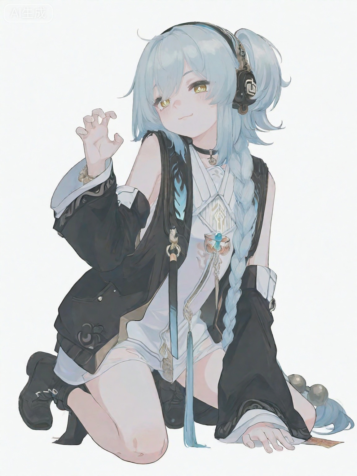 masterpiece,best quality,amazing quality,newest,absurdres,highres,very awa,buling,buling\(wuthering waves\),solo,1girl,full_body,loli,chibi,stickers,rim lighting,side lighting,very long braided_ponytail,one_side_up,metal_headphones,blue hair,emotionless,official_art,cute,kneeling,paw_pose,golden eyes,talismans on leg, black ankle boots, detached sleeves, balck chinese jacket, white chinese dress,tsunderia,blushing,loli,simple_background,white background,hand up, point forward,:3,choker,