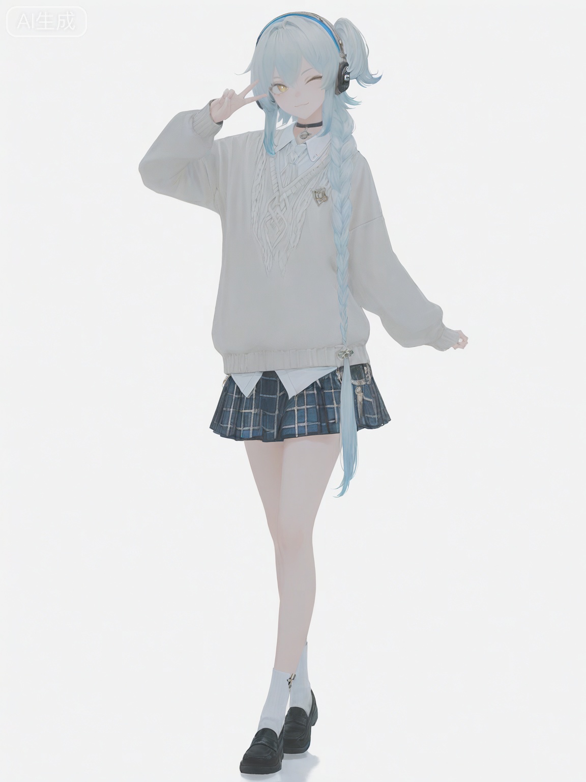 masterpiece,best quality,amazing quality,newest,absurdres,highres,very awa,professional,traditional media,buling,buling\(wuthering waves\),solo,1girl,full_body,primary view,loli,wide shot,rim lighting,side lighting,very long braided_ponytail,one_side_up,metal_headphones,blue hair,emotionless,official_art,cute,standing,golden eyes,light grey cotton sweater,white collared shirt,blue and white plaid skirt, white ankle socks,  black loafers,talismans_hairtie,tsunderia,blushing,loli,simple_background,white background,hand up, point forward,:3,blurred,idol,yuukkan,wink,choker,looking_at_viewer,eyes_open,clench hand,