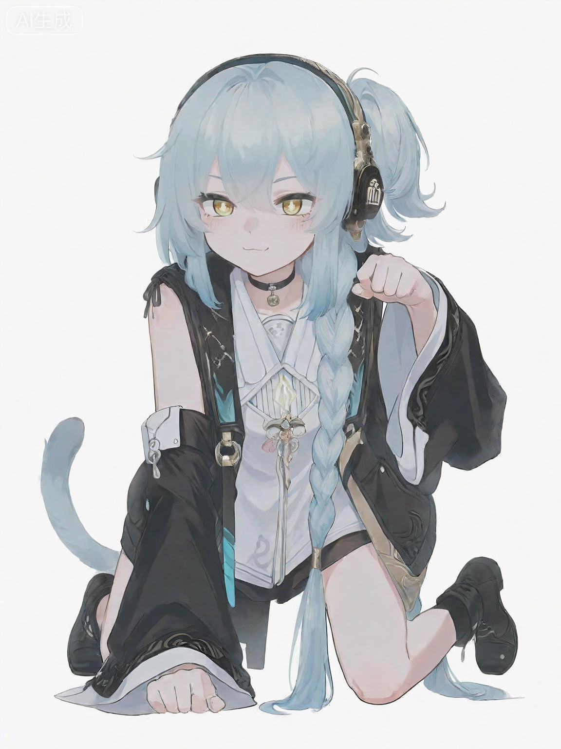 masterpiece,best quality,amazing quality,newest,absurdres,highres,very awa,buling,buling\(wuthering waves\),solo,1girl,full_body,loli,chibi,stickers,rim lighting,side lighting,very long braided_ponytail,one_side_up,metal_headphones,blue hair,emotionless,official_art,cute,kneeling,paw_pose,golden eyes,talismans on leg, black ankle boots, detached sleeves, balck chinese jacket, white chinese dress,talismans_hairtie,tsunderia,blushing,loli,simple_background,white background,hand up, point forward,:3,choker,
