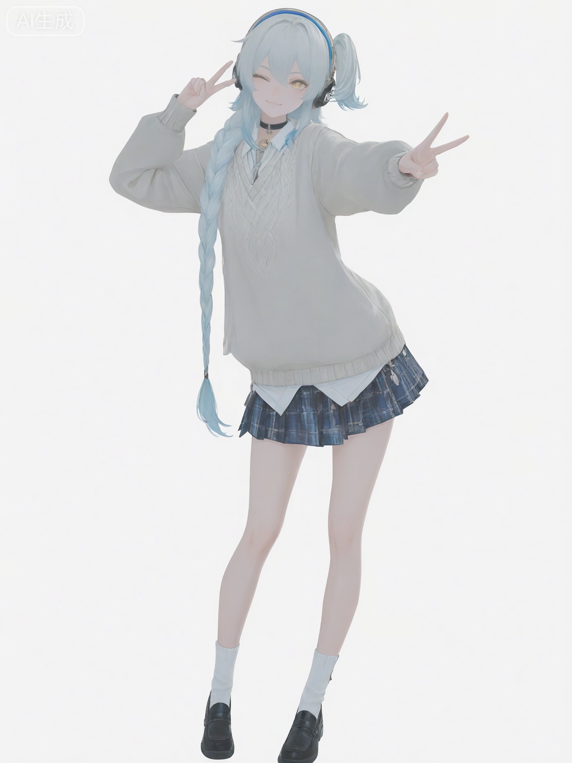masterpiece,best quality,amazing quality,newest,absurdres,highres,very awa,professional,traditional media,buling,buling\(wuthering waves\),solo,1girl,full_body,primary view,loli,wide shot,rim lighting,side lighting,very long braided_ponytail,one_side_up,metal_headphones,blue hair,emotionless,official_art,cute,standing,golden eyes,light grey cotton sweater,white collared shirt,blue and white plaid skirt, white ankle socks,  black loafers,talismans_hairtie,tsunderia,blushing,loli,simple_background,white background,hand up, point forward,:3,blurred,idol,yuukkan,wink,choker,looking_at_viewer,eyes_open,v,clench hand,
