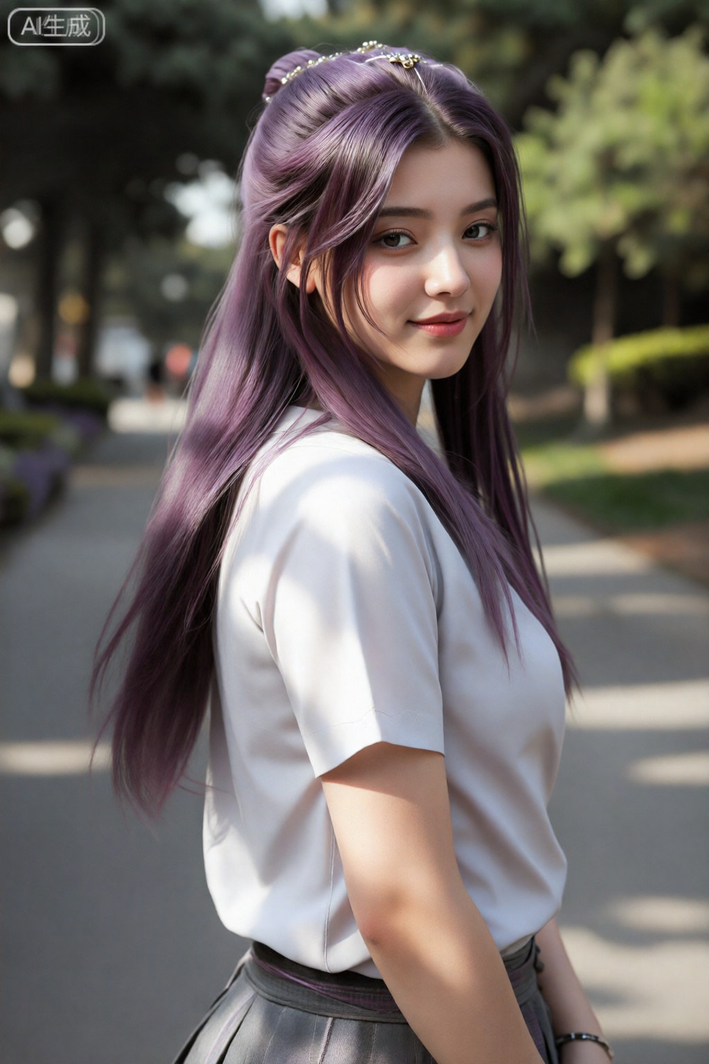 真人摄影,  一位清纯的初恋学妹女友,  在清晨的林荫道上回眸微笑 by AI光影驿站 on Tensor.Art