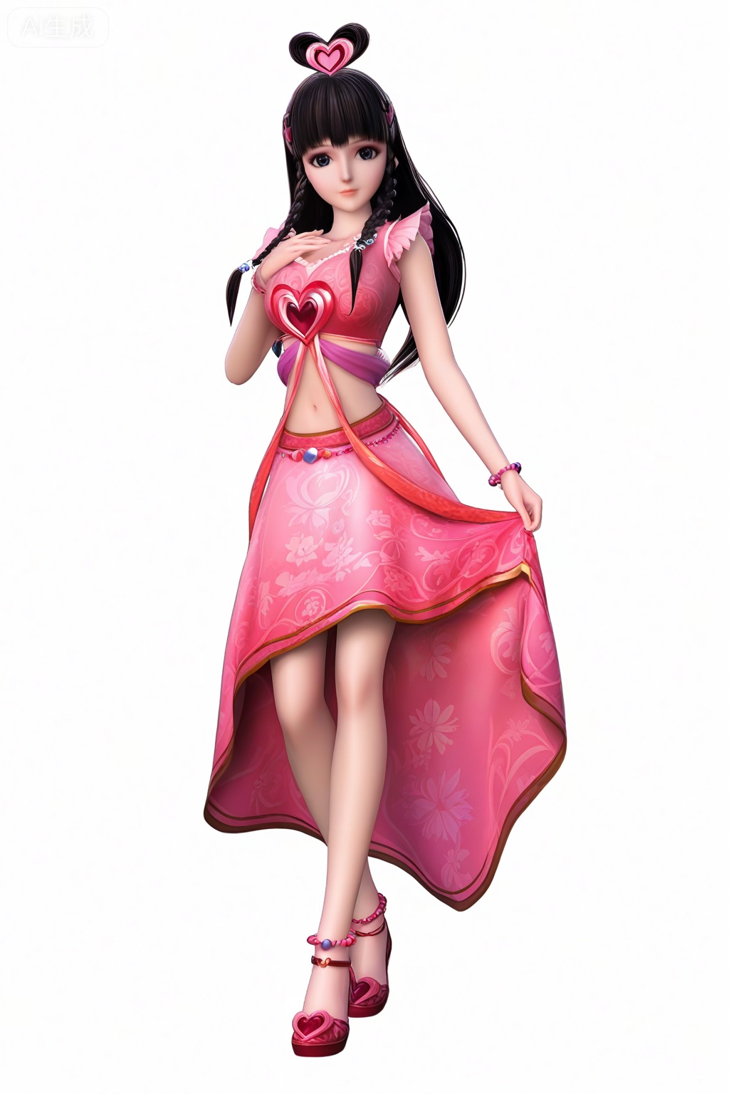 masterpiece, best quality, masterpiece,best quality,official art,extremely detailed CG unity 8k wallpaper,1girl,solo,long hair,looking at viewer,black hair,hair ornament,navel,jewelry,braid,heart,midriff,twin braids,magical girl,bracelet,legs,full body,white background,floral print,anklet,dress,pink dress,long dress