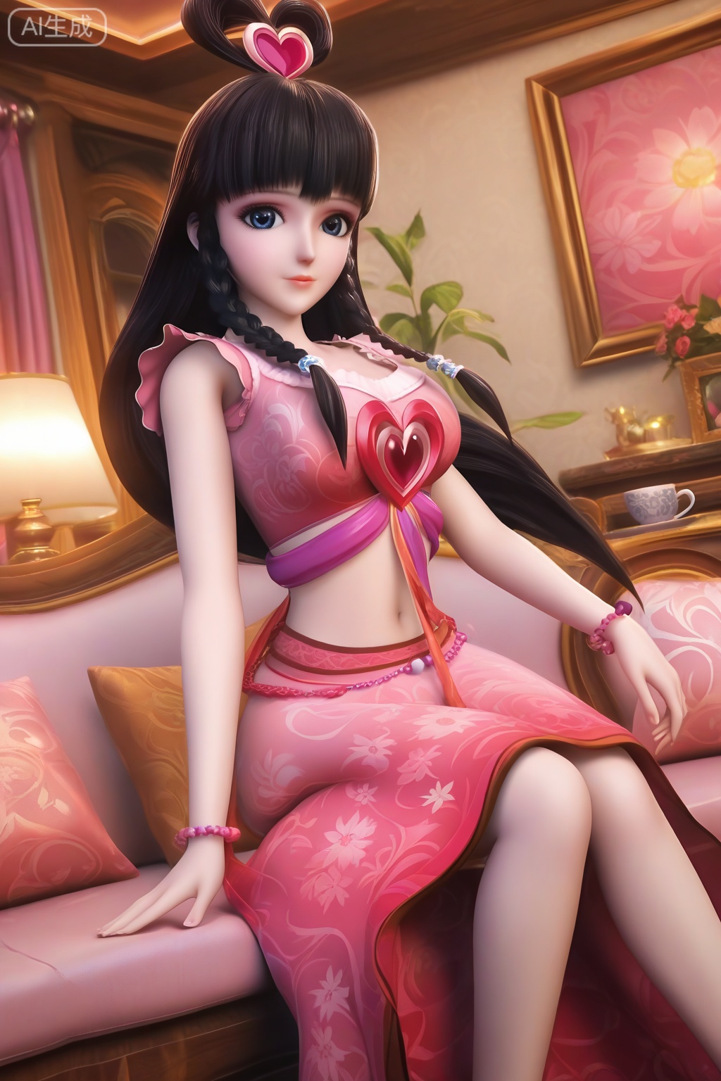 masterpiece, best quality, masterpiece,best quality,official art,extremely detailed CG unity 8k wallpaper,1girl,solo,long hair,looking at viewer,black hair,hair ornament,navel,jewelry,braid,heart,midriff,twin braids,magical girl,bracelet,indoors,living room,couch,coffee table,floral print,dress,pink dress,long dress,upper body,legs