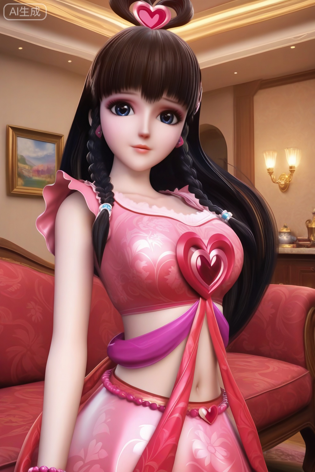 masterpiece, best quality, masterpiece,best quality,official art,extremely detailed CG unity 8k wallpaper,1girl,solo,long hair,looking at viewer,black hair,hair ornament,heart hair ornament,navel,jewelry,braid,heart,midriff,twin braids,magical girl,bracelet,indoors,living room,couch,coffee table,floral print,dress,pink dress,long dress,upper body,legs,