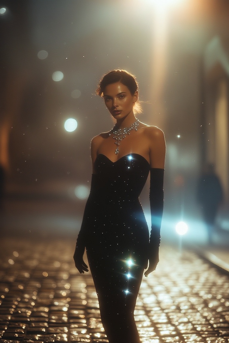 The image depicts a woman standing confidently on a wet cobblestone street at night. She is dressed in a form-fitting blac...