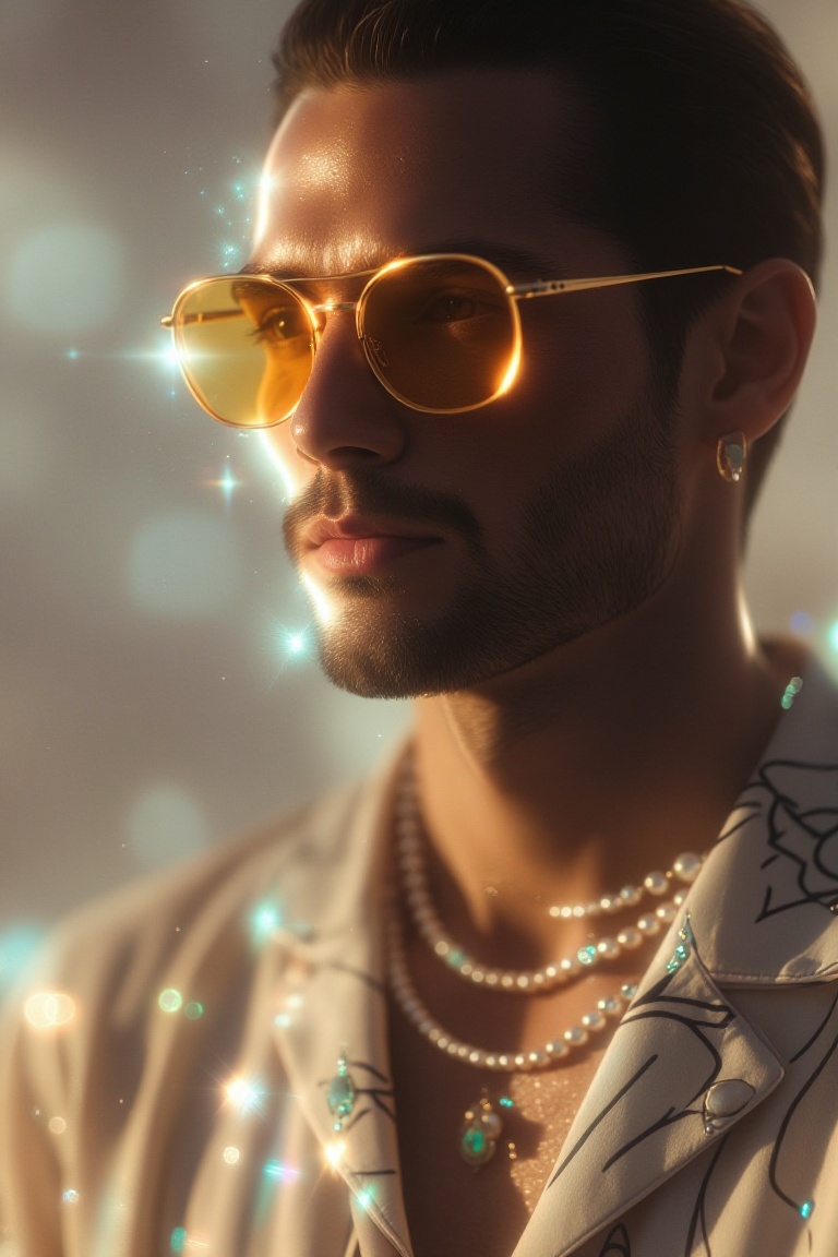 The image shows a man wearing stylish sunglasses with a gold frame and amber-tinted lenses. The individual has a neatly tr...