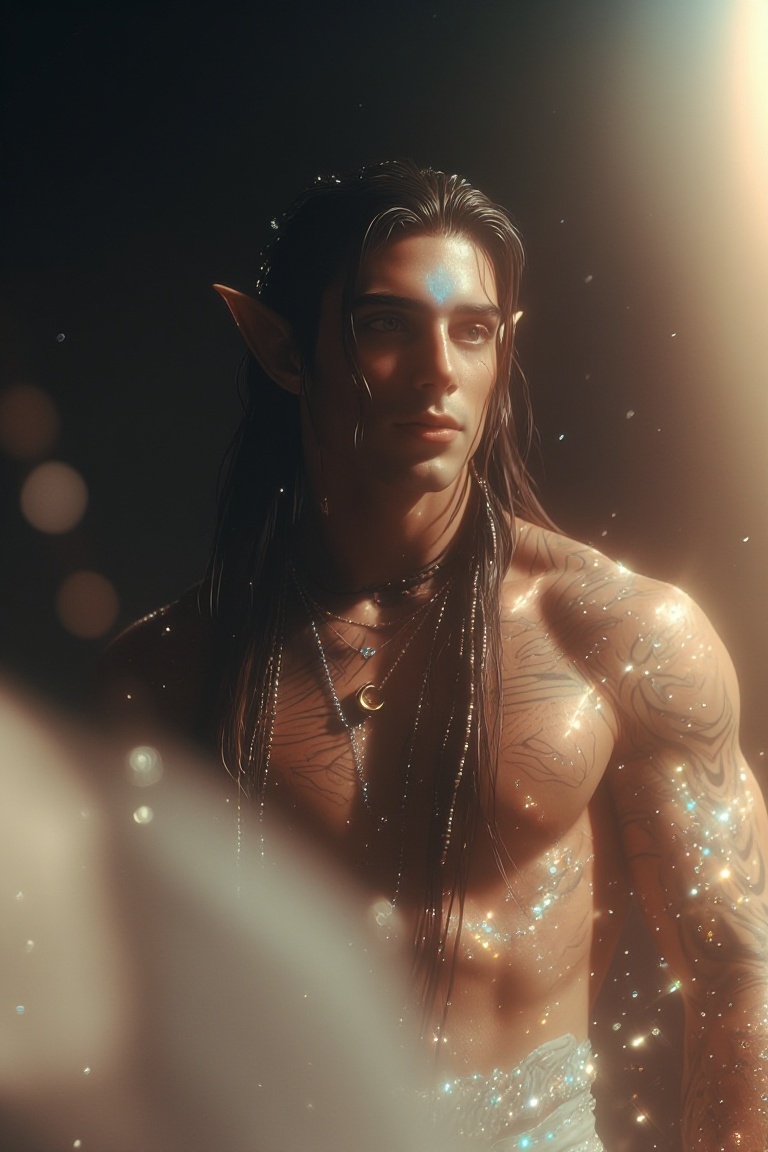 The image depicts a fantasy character with long,  wet,  braided hair and a muscular build. The character has intricate tat...