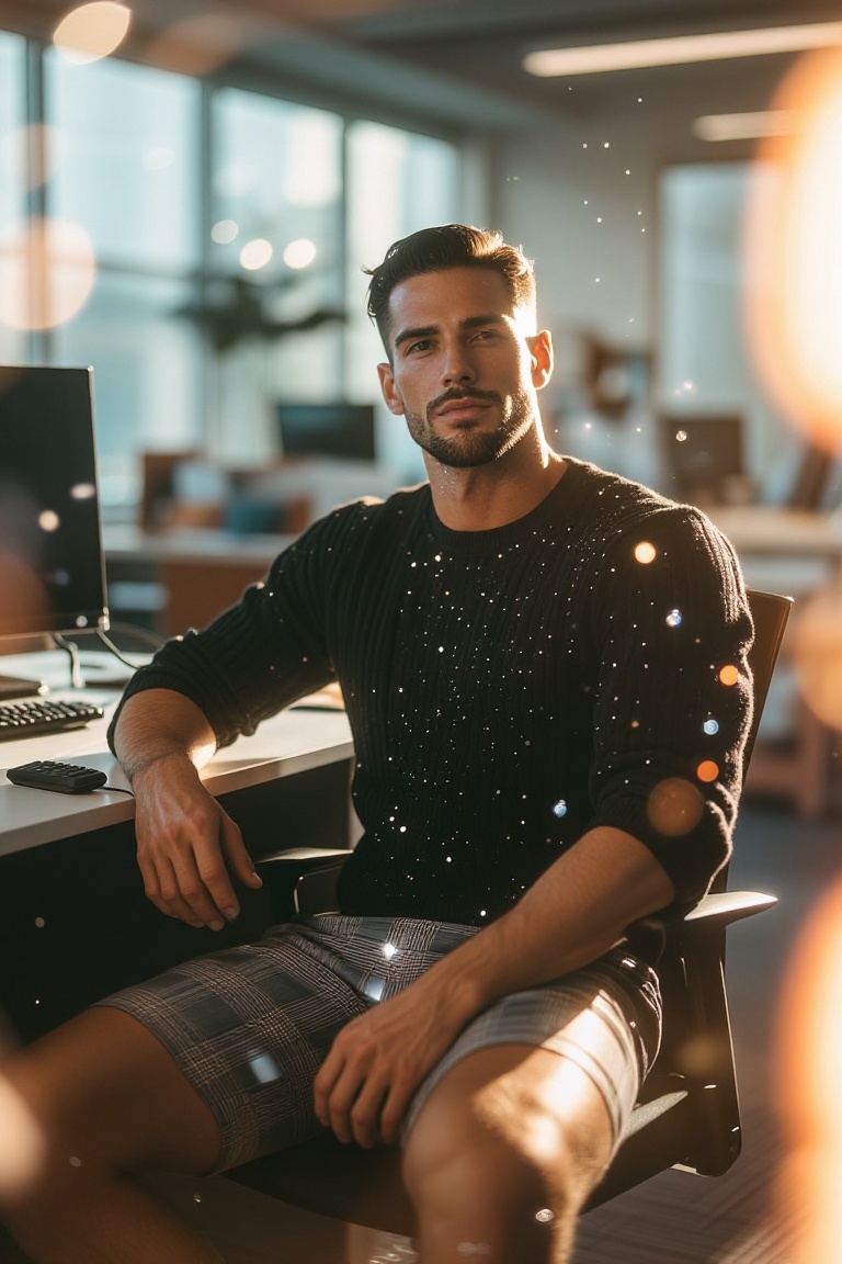The image shows a man sitting at a desk in an office environment. He is wearing a black,  cable-knit sweater and plaid sho...
