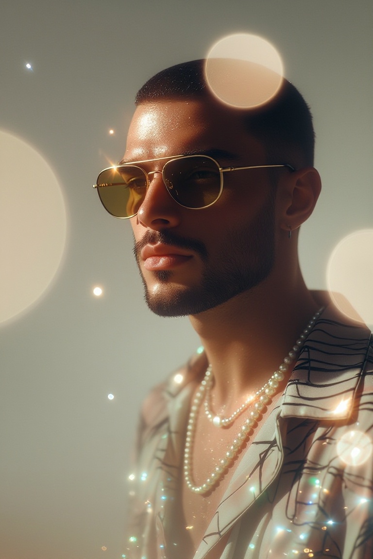 The image shows a man wearing stylish sunglasses with a gold frame and amber-tinted lenses. The individual has a neatly tr...