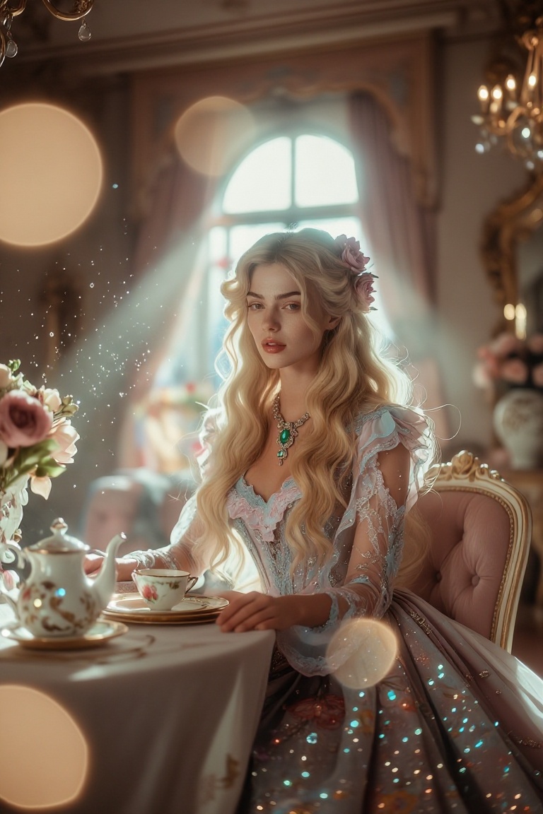 The image depicts a woman dressed in an elegant,  vintage-style gown with intricate lace and floral patterns. She is seate...