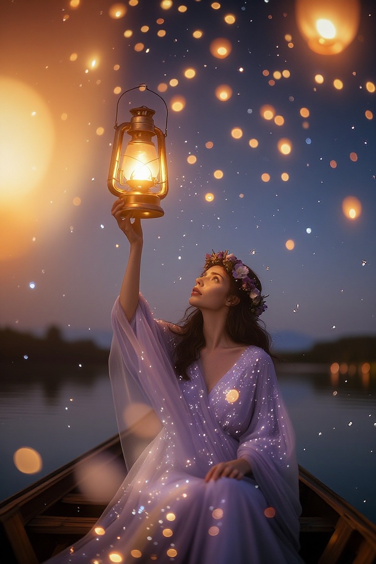 The image depicts a serene nighttime scene with a woman in a lavender dress sitting in a boat. She is holding a lit lanter...