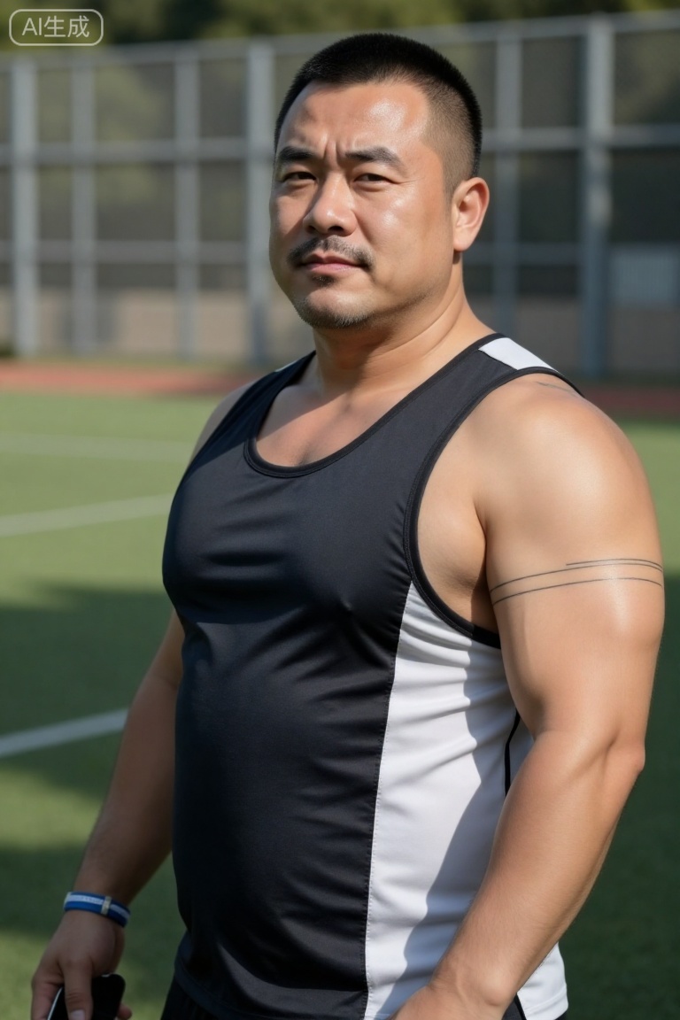 kynz,极致细节,4K壁纸,最高质量,杰作,极致清晰,
a 43-year-old middle-aged man, has a calm temperament and a sense of strength. He has a short buzzcut, stubble on his face, deep eyes, and a few fine lines appearing at the corners of his eyes when he smiles. The body type belongs to the fat-packed muscle type. Although the muscle lines are covered with fat, they still look strong. There is a black abstract line tattoo on his right arm.

Wearing a dark gray and white sports vest with a black thong, a blue and white sports bracelet on his left wrist, and a black mobile phone in his right hand.

Standing beside the outdoor football field, the background is a green basketball court and a gray barbed wire fence. The sun shines down, creating mottled light and shadow on the ground.