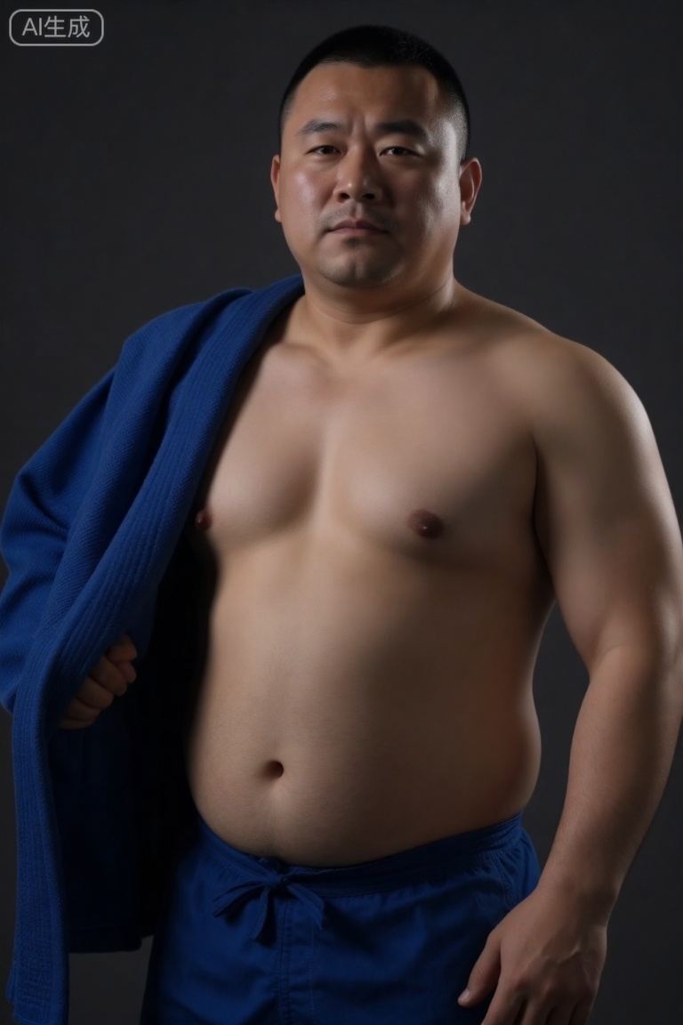 kynz,A man, shirtless, drapes a blue judo uniform over one shoulder and wears blue judo pants, posing against a solid - color background. With firm muscle lines and a robust, full - bodied figure, it blends a sense of power and professional sports atmosphere. The close - up composition focuses on the details of the figure and attire, featuring a style that combines toughness and sports texture.