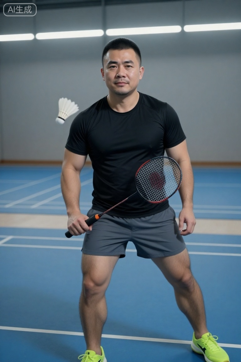 kynz,极致细节,4K壁纸,最高质量,杰作,极致清晰,
一位留着整齐短发的男性,面部轮廓圆润,额头饱满光滑,浓密整齐的眉毛散发着稳定的气息。他的眼睛明亮而敏锐,目光平静而沉着,嘴角微微上扬,散发出友好而平易近人的气质。他体格健壮,沉稳自信,充分体现了一种脚踏实地、可靠的气质。他在室内羽毛球场,握着羽毛球拍,姿态醒目——一只白色羽毛球在他身边盘旋,身后拖着一条动态的轨迹。他穿着黑色短袖运动上衣,灰色运动短裤,亮霓虹绿色运动鞋。背景由一个带有白色斑纹的蓝色庭院和浅灰色墙壁组成；明亮的室内灯光均匀分布,突出了他轻松的运动姿势,同时使他的表情细节和球场的清晰质感更加生动。