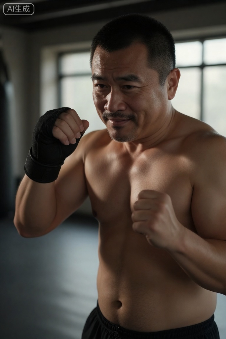 一个中年男性,脂包肌身材,魅力的男性,表情微笑,此时他挥洒汗水,在健身房练习拳击,chenjianbin