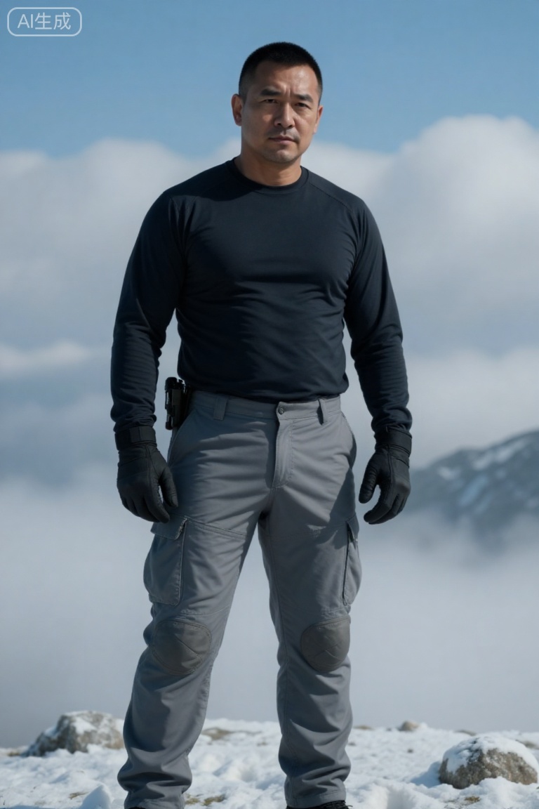 kynz,极致细节,4K壁纸,最高质量,杰作,极致清晰,
一位面容刚毅、发型短发、眼神坚定的中年男子。他身着深色功能性上衣,搭配浅灰色工装裤（裤腿处带有护膝与绑带设计）,并佩戴黑色手套,手持装备。他矗立于雪山场景中,背景是云雾缭绕的蓝天。
