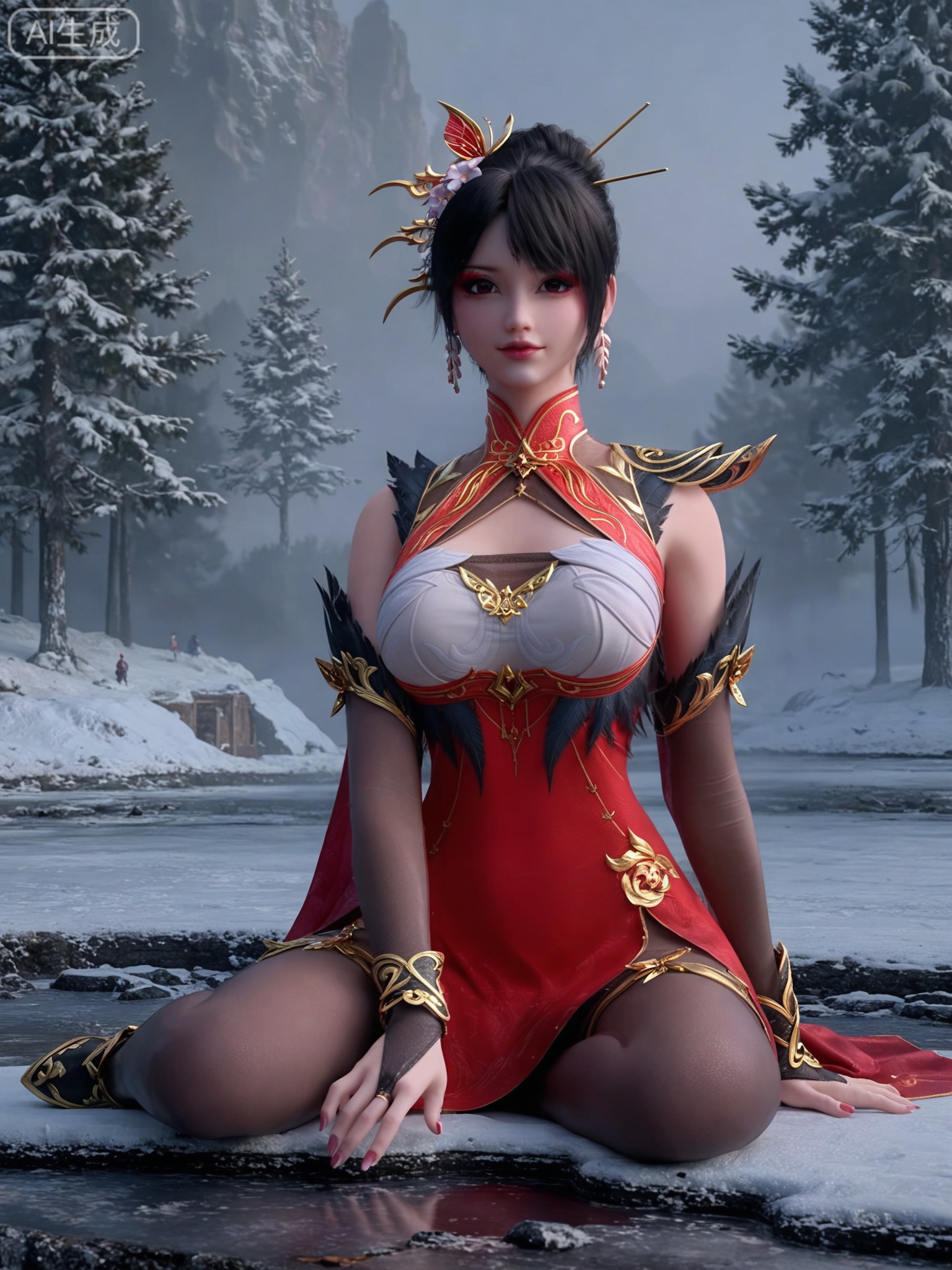 score_9,score_8_up,score_7_up,masterpiece,(best quality),(intricate details:0.9) BREAK (intricate details:0.9),(realistic skin:1.2),masterpiece,best quality,newest,absurdres,hiahres,1girl,jewelry,hair ornament,dress,necklace,lips,eyeshadow,bracelet,tassel,(8k ultra-clear, pony style),photo pose 0.6, micro-expression: soft smile 0.3, half-body + medium shot 0.7,1girl,looking_at_viewer,1boy,hair,realistic,photorealistic,Vivid Colors,bright environment,shiny skin,shiny hairjewelry,detail eyes,Eyes highlights,glowing,sunshine,bright,reflection,bright,sunshine on face,shiny,shinny,petite,thin,leg slimming,lose weight,slim hips,lakeside,delicate water,reflection,(full body:1.3)sitting_down,eyelashes,snow,Winter,Snowy landscape,Snow accumulation,Christmas tree,(huge breasts:1),