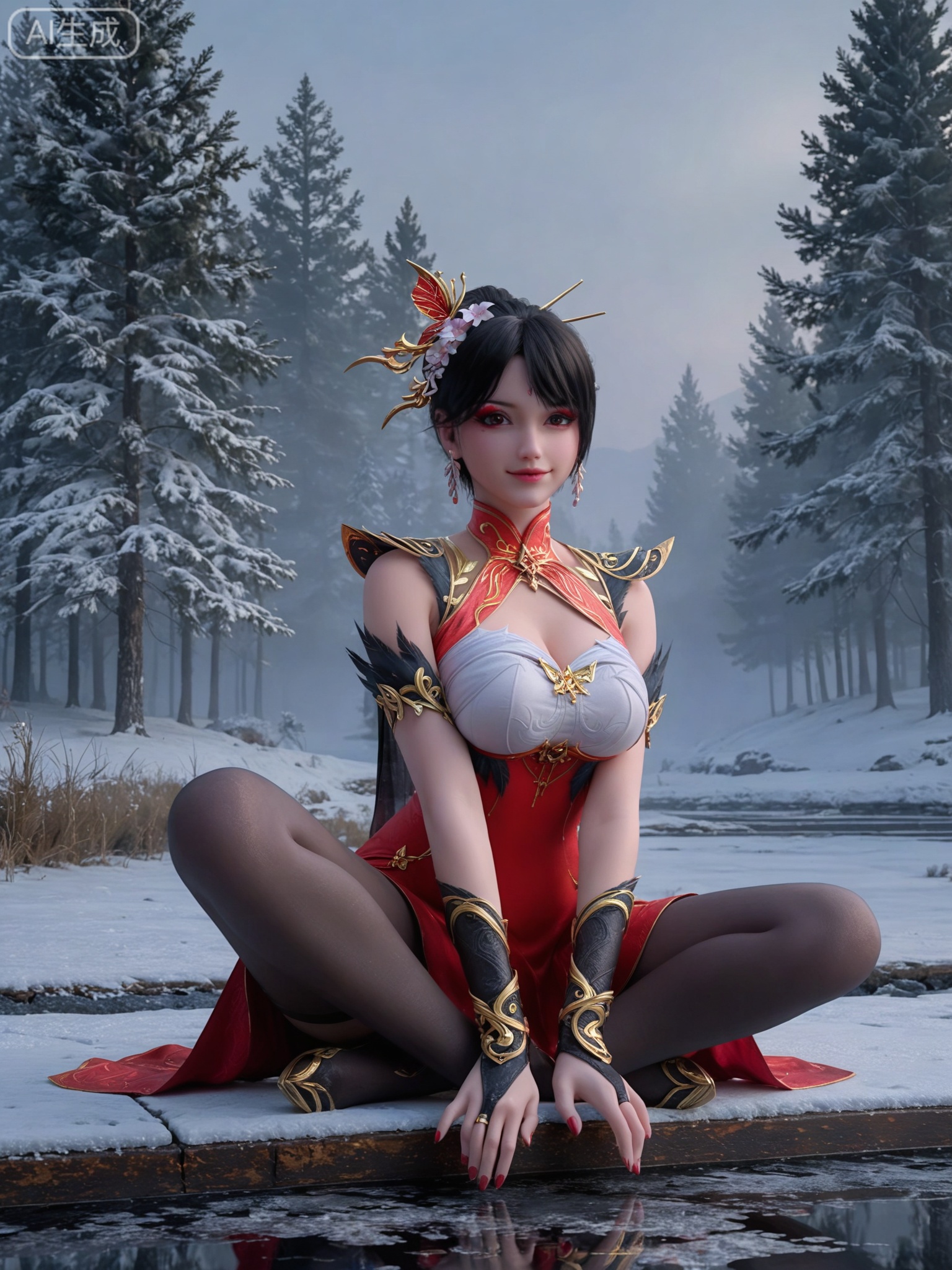 score_9,score_8_up,score_7_up,masterpiece,(best quality),(intricate details:0.9) BREAK (intricate details:0.9),(realistic skin:1.2),masterpiece,best quality,newest,absurdres,hiahres,1girl,jewelry,hair ornament,dress,necklace,lips,eyeshadow,bracelet,tassel,(8k ultra-clear, pony style),photo pose 0.6, micro-expression: soft smile 0.3, half-body + medium shot 0.7,1girl,looking_at_viewer,1boy,hair,realistic,photorealistic,Vivid Colors,bright environment,shiny skin,shiny hairjewelry,detail eyes,Eyes highlights,glowing,sunshine,bright,reflection,bright,sunshine on face,shiny,shinny,petite,thin,leg slimming,lose weight,slim hips,lakeside,delicate water,reflection,(full body:1.3)sitting_down,eyelashes,snow,Winter,Snowy landscape,Snow accumulation,Christmas tree,(huge breasts:1),black pantyhose,