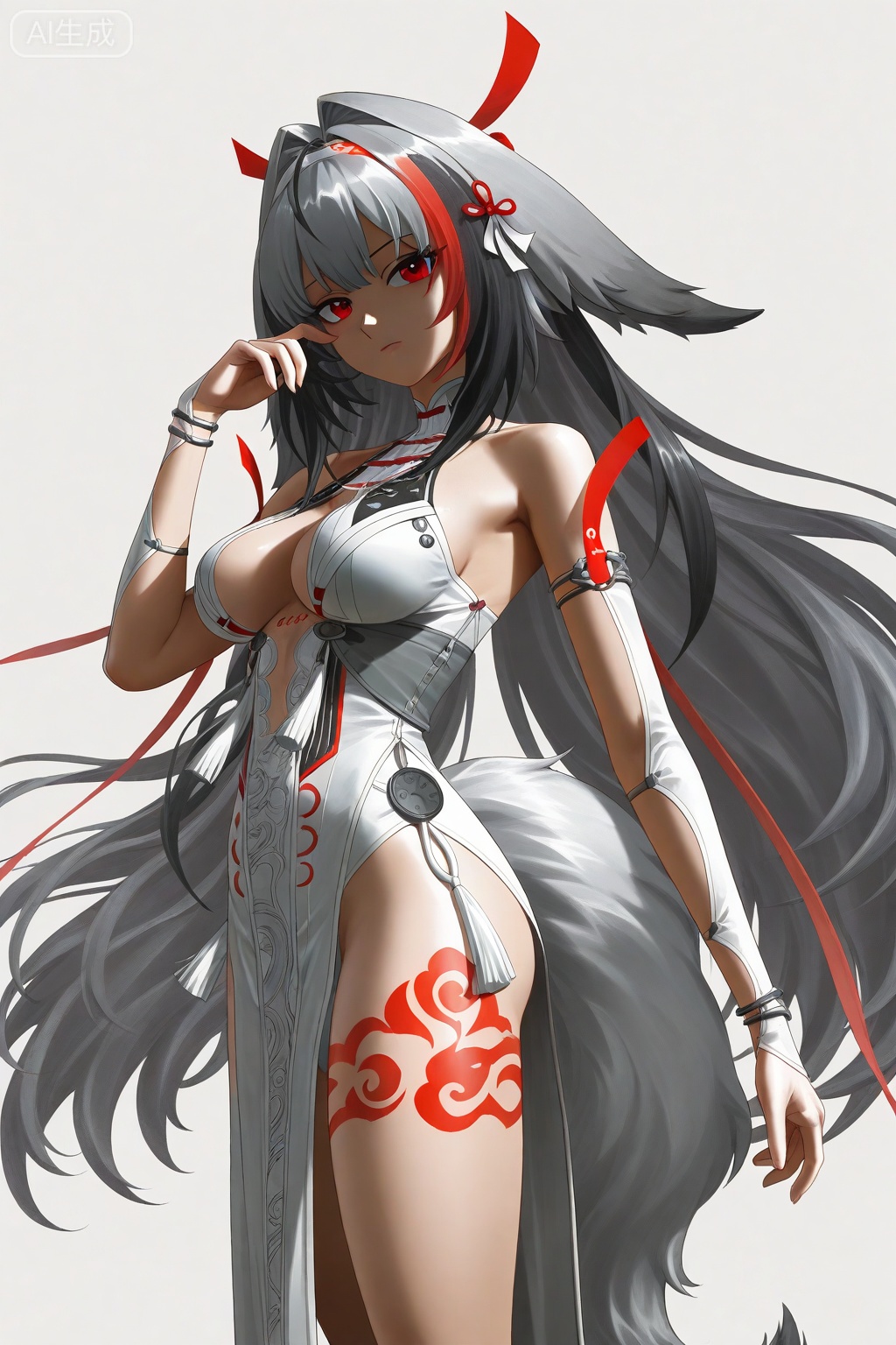 digital art, anime style, female, grey hair, red eyes, long hair, two-tone hair, white dress, high slit, revealing outfit, red and white ribbons, black hair accessory, white and red arm bands, large breasts, cleavage, tattoo on thigh, red tribal tattoo, white and grey fur tail, white background, hand near face, confident expression, detailed clothing, fantasy character, character design, elegant pose, ornate dress, side view, detailed shading, fantasy theme, traditional Japanese influence, modern anime aesthetic, high contrast colors, detailed hair, intricate design, fantasy attire, character portrait, fantasy art, digital illustration.