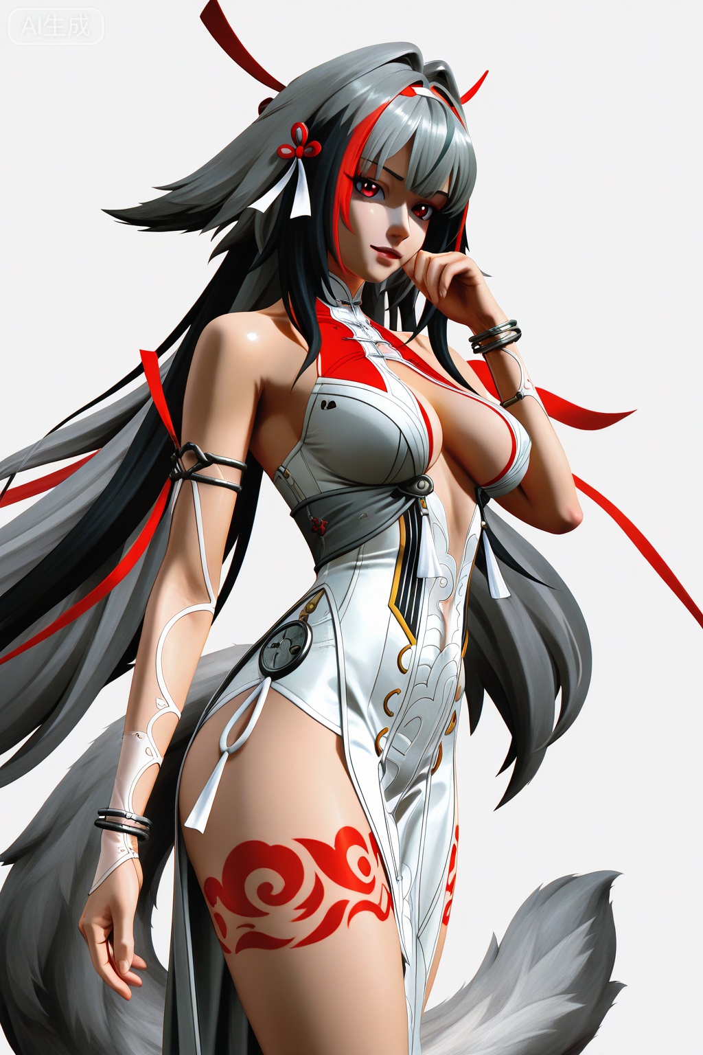 digital art, anime style, female, grey hair, red eyes, long hair, two-tone hair, white dress, high slit, revealing outfit, red and white ribbons, black hair accessory, white and red arm bands, large breasts, cleavage, tattoo on thigh, red tribal tattoo, white and grey fur tail, white background, hand near face, confident expression, detailed clothing, fantasy character, character design, elegant pose, ornate dress, side view, detailed shading, fantasy theme, traditional Japanese influence, modern anime aesthetic, high contrast colors, detailed hair, intricate design, fantasy attire, character portrait, fantasy art, digital illustration.
