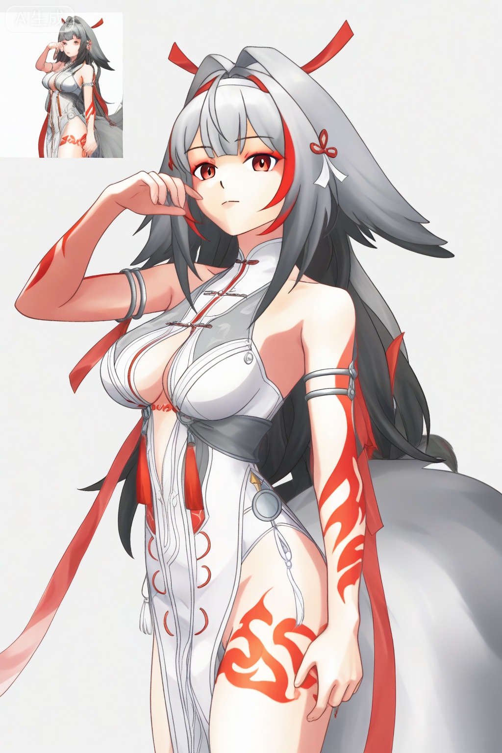digital art, anime style, female, grey hair, red eyes, long hair, two-tone hair, white dress, high slit, revealing outfit, red and white ribbons, black hair accessory, white and red arm bands, large breasts, cleavage, tattoo on thigh, red tribal tattoo, white and grey fur tail, white background, hand near face, confident expression, detailed clothing, fantasy character, character design, elegant pose, ornate dress, side view, detailed shading, fantasy theme, traditional Japanese influence, modern anime aesthetic, high contrast colors, detailed hair, intricate design, fantasy attire, character portrait, fantasy art, digital illustration.
