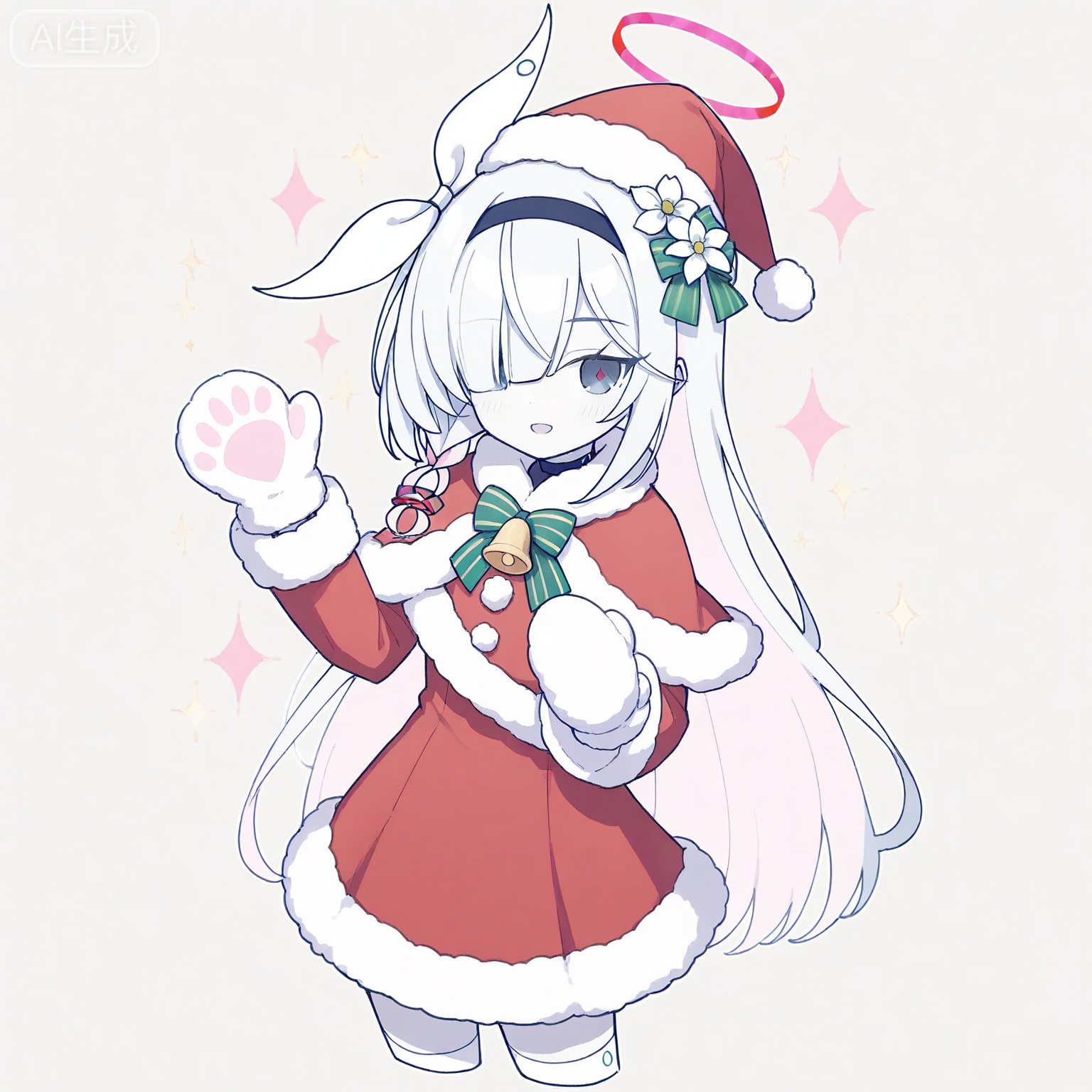 plana (blue archive),1girl, solo, long hair, looking at viewer, smile, open mouth, bangs, blue eyes, simple background, hair ornament, thighhighs, gloves, long sleeves, hat, white background, dress, bow, flower, hair flower, white thighhighs, official alternate costume, fur trim, sparkle, bell, capelet, halo, red dress, christmas, santa hat, cropped legs, santa costume, striped bow, mittens, red capelet, fur-trimmed capelet, 