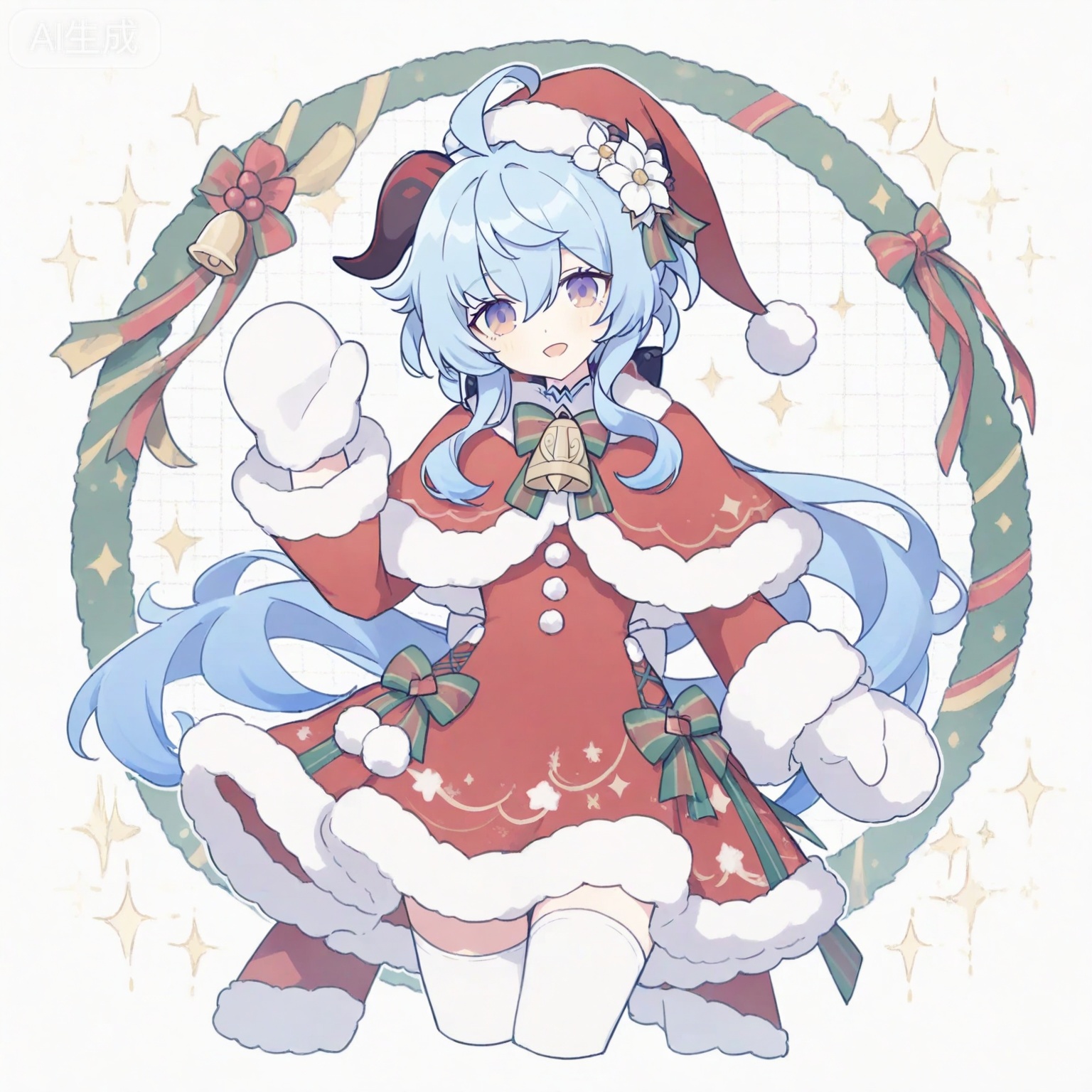 ganyu \(genshin impact\),1girl, solo, long hair, looking at viewer, smile, open mouth, bangs, blue eyes, simple background, hair ornament, thighhighs, gloves, long sleeves, hat, white background, dress, bow, flower, hair flower, white thighhighs, official alternate costume, fur trim, sparkle, bell, capelet, halo, red dress, christmas, santa hat, cropped legs, santa costume, striped bow, mittens, red capelet, fur-trimmed capelet, 